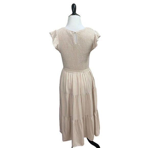 Zesica Women's S Small Peasant Midi Dress Smocked Cap Sleeves  Boho Beige - Picture 6 of 8